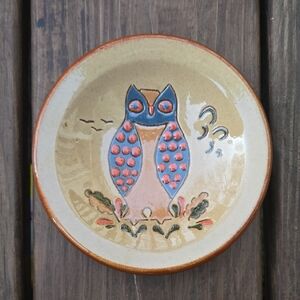 Unique Artist Signed Owl Pottery Dish Folk Art Style